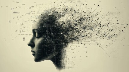 Poster - Digital Wireframe Head with Floating Mathematical Equations and Data