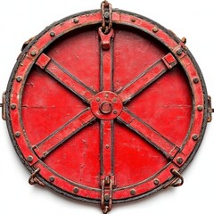 Poster - red circular industrial object with metal spokes and chains, isolated on white background. shows sig
