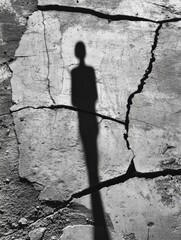 Poster - Shadowy figure on cracked pavement evokes mystery and solitude in urban landscape black and white photography