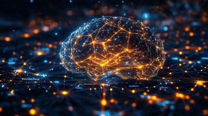 Poster - Interconnected Wireframe Brain with Glowing Nodes and Neural Patterns
