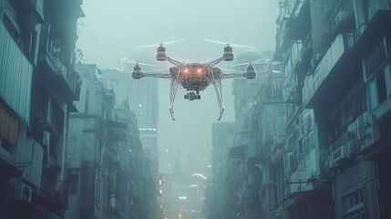 Poster - wireframe drone hovering above smart city landscape in misty environment
