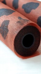 Poster - Close up of two rolled up pieces of brown fabric with a leopard print pattern. The fabric is sheer and the background is white.
