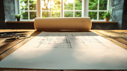 Poster - Architectural blueprint on wooden desk with natural light streaming in, creating warm atmosphere