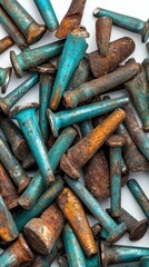 Poster - Close up view of numerous rusty and teal colored metal pins scattered on a white background. The pins are various lengths and show significant wear and discoloration.