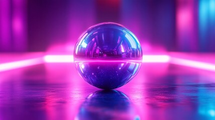 Poster - A mirrored sphere rests on a glossy surface, surrounded by vivid pink and blue neon lights. The reflective orb captures the colorful ambiance, creating a mesmerizing atmosphere
