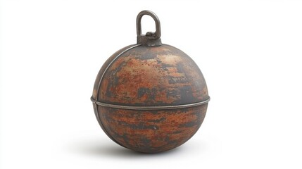 Poster - Rusty metallic sphere with a small loop at the top, isolated on a white background. The sphere shows significant wear and texture.