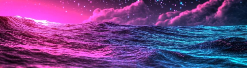 Poster - A violet and blue gradient image depicting the flow of liquid accompanied by small shiny particles and sparkles, generated using AI technology