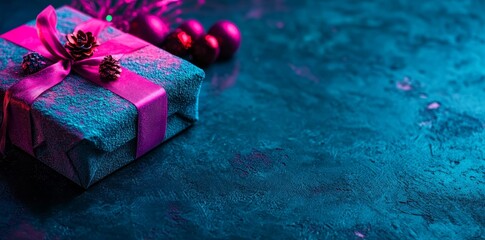 Poster - a dark blue surface features gift boxes with pink ribbons and decorations, along with copy space for