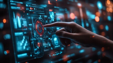 Poster - A hand reaches out to touch a vibrant digital interface filled with intricate graphs and bright data visualizations. The atmosphere is tech-savvy and modern, reflecting innovation