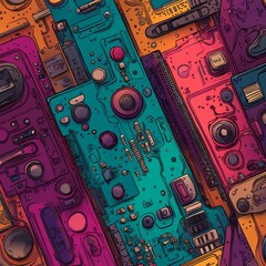 Poster - The futuristic technology of stock hardware and cpu microchip is depicted in a seamless pattern of computer motherboards on a panel