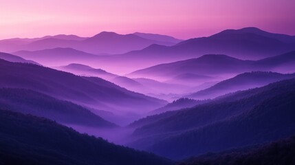 Poster - purple and lavender hues blanket the mountains at dawn, casting a mystical glow as fog rises, creati