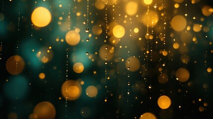Wall Mural - Golden rain drops falling on teal bokeh background