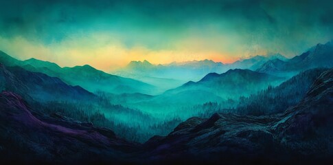 Poster - Watercolor brushstrokes combine green and blue hues to create a soft, ethereal landscape abstraction