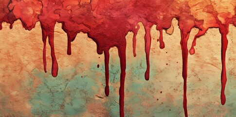 Poster - Red and black paint drips on a grunge cardboard texture background produce a unique abstract and textured visual appearance