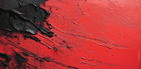 Poster - Black liquid droplets fall, dispersing over a coarse red surface, forming a lively artistic arrangement