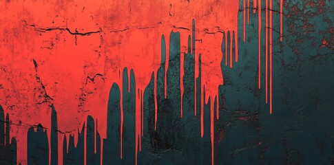 Poster - A grunge red textured background is transformed into an abstract and dramatic artwork by dripping black paint