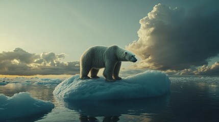 polar bear on iceberg amidst dramatic arctic skies at sunset