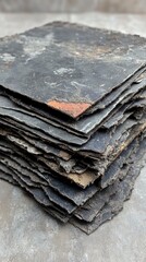 Poster - A stack of dark gray slate tiles with rough, uneven edges, showing signs of age and wear. Some tiles exhibit minor discoloration and texture variations. The background is a neutral gray surface.