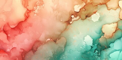 Poster - Vibrant abstract artistic compositions are formed through the splashing and blending of watercolor paint, combining warm and cool tones in dynamic fluid color interactions