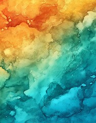 Poster - The combination of orange and blue in watercolor form produces abstract textures and shapes