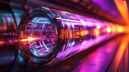 Poster - A mesmerizing display of a glass tube radiating bright neon hues in a high-tech laboratory. Colored lights create a dynamic atmosphere, showcasing advanced technology during a nocturnal experiment