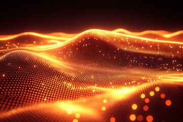 Poster - Abstract landscape of glowing orange waves and particles.  Dynamic, shimmering surface