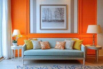 Poster - Beautiful living room elevation showcasing sofa and full wall adorned with artistic photo frames