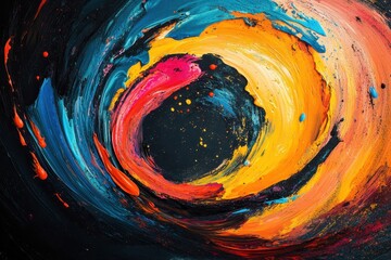 Poster - Colorful curved wave pattern explodes with paint drops in a dynamic liquid motion on black