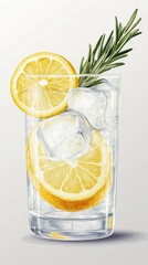 Poster - Refreshing lemon drink with ice and herbs in a glass on a light background