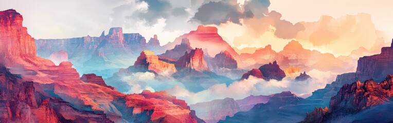 Poster - Majestic sunset over rugged mountains with colorful sky and soft clouds in the background