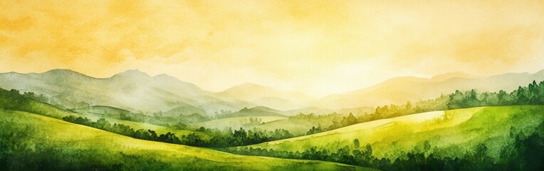 Aufkleber - Scenic watercolor landscape depicting rolling hills and distant mountains under a warm yellow sky