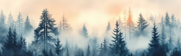 Poster - Dense evergreen trees shrouded in mist during early morning light in a tranquil forest setting