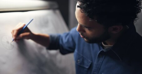 Poster - Man, sketch and design for car in workshop, inspiration and editing process for deadline at night. Person, paper and canvas with drawing for electric vehicle, transport and wheel in studio at company