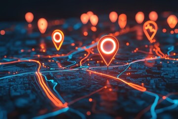 Poster - Digital map with glowing location pins, highlighting GPS and navigation technology for modern travel