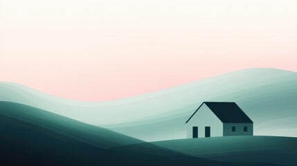 Poster - Soft abstract silhouette of a house on rolling hills in muted colors with a gentle gradient sky at dawn