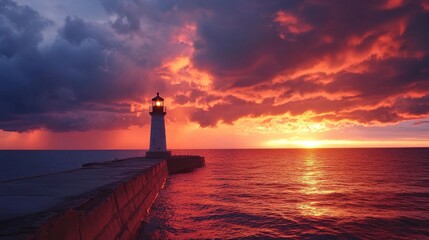 Aufkleber - Lighthouse standing guard over the ocean as sunset paints the sky with vibrant colors