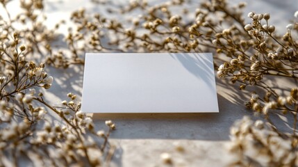 Poster - A blank card rests gracefully among soft, dried flowers, illuminated by gentle sunlight filtering through the scene, evoking a sense of tranquility and creativity