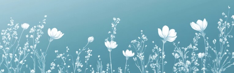 Poster - Delicate white floral sketches create a serene ambiance against a soft blue background in a calming minimalist design
