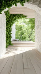 Aufkleber - A serene passageway adorned with lush greenery, leading to a bright outdoor space, showcasing natural light and minimalist design