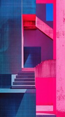 Aufkleber - Layers of vibrant magenta geometric shapes create a striking architectural composition in a modern urban setting