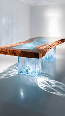 Poster - A striking table with a wooden top and transparent base, showcasing a unique blend of natural and modern design elements, illuminated by light reflections
