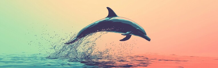 Poster - Elegant silhouette of a dolphin leaping gracefully against a vibrant sunset background over the calm ocean waters