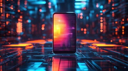Poster - A striking smartphone stands at the center of a neon-lit digital landscape, surrounded by colorful glowing circuits. The scene immerses the viewer in a futuristic world of technology