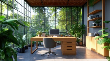 Poster - Workspace design filled with potted plants and natural light in a modern setting