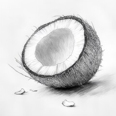Poster - Cracked coconut revealing its white flesh surrounded by shell pieces in a natural setting