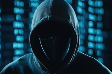 Poster - Mysterious Masked Figure in Dark Cyber Environment with Digital Code Background