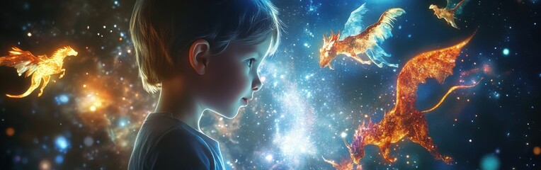Aufkleber - Child gazing at glowing mythical creatures in a vibrant cosmic environment