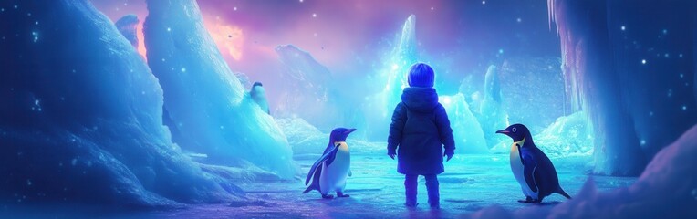 Poster - Child illuminated in a glowing landscape with penguins in an icy environment during twilight