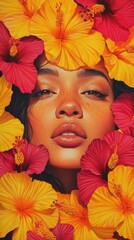 Poster - Vibrant portrait of a woman's face surrounded by colorful hibiscus flowers in a tropical setting