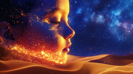 Aufkleber - Child's face glowing in cosmic landscape with golden sparkles and soft desert sands at sunset